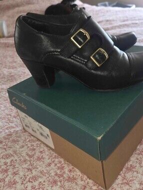 Clarks Sapphire Athena Double Monk Strap Black Leather Booties 4in Heel